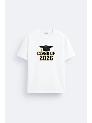 Shain Class Of 2026 Mezuniyet Baskılı Pamuklu Kumaş Beyaz Tişört T-Shirt
