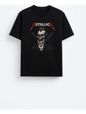 Shain Metallica Müzik Grubu Baskılı Bisiklet Yaka Unisex Siyah Tişört T-Shirt