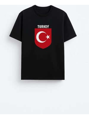 Shain Türkiye Türk Bayrağı Baskılı Pamuklu Kumaş Siyah Tişört T-Shirt