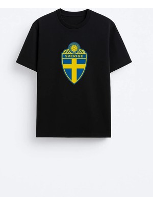 Shain Isveç Futbol Takımı Baskılı Pamuklu Kumaş Siyah Tişört T-Shirt