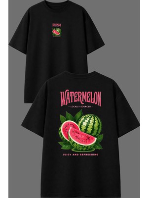 Vsrn Watermelon Tasarım Ön Arka Baskılı Siyah Oversize T Shirt