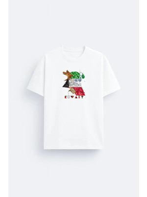 Shain Kuveyt Bayrak Baskılı %100 Pamuklu Kumaş Beyaz Tişört T-Shirt