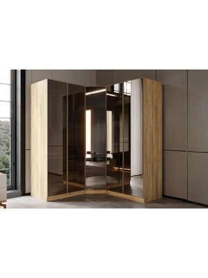 Doressa Bend Walnut 5 Kapılı Reflekte Camlı Köşe Gardırop