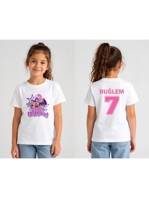 Shain Kişiye Özel Isim ve Numara Doğum Günü Baskılı Beyaz Kız Çocuk Tişört T-Shirt