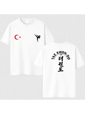 Shain Taekwondo Türk Bayrağı Türkiye Baskılı Unisex Beyaz Tişört T-Shirt