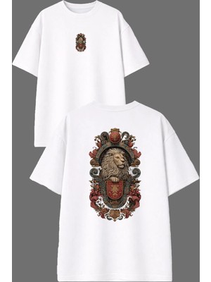 Vsrn Aslan Amblem Tasarım Ön Arka Baskılı Beyaz Oversize T Shirt