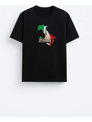 Shain Italya Pisa Kulesi Baskılı Pamuklu Kumaş Siyah Tişört T-Shirt