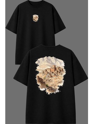 Vsrn Dağ Bayır Tasarım Ön Arka Baskılı Siyah Oversize T Shirt