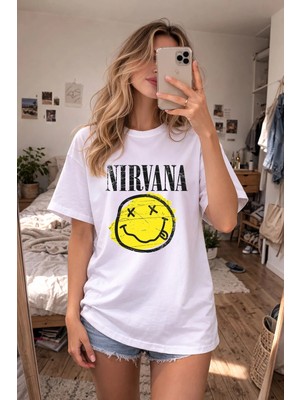 Shain Nirvana Baskılı Bisiklet Yaka Beyaz Tişört T-Shirt