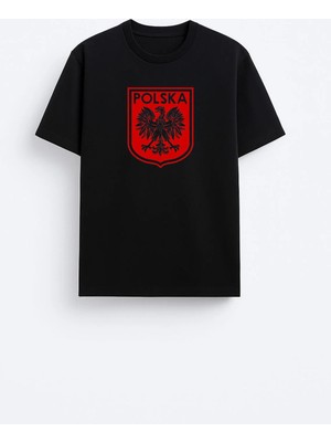 Shain Polonya Futbol Takımı Baskılı Pamuklu Kumaş Siyah Tişört T-Shirt