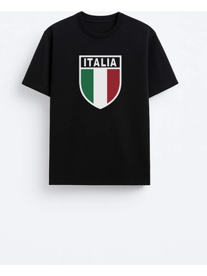Shain Italya Milli Futbol Takım Baskılı Pamuklu Kumaş Siyah Tişört T-Shirt