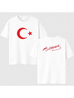 Shain Türk Bayrağı Bayrak Baskılı Atatürk Imzalı Baskılı Unisex Beyaz Tişört T-Shirt