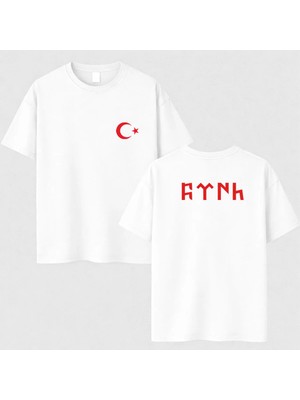 Shain Türk Bayrağı Göktürkçe Türk Yazılı Baskılı Unisex Beyaz Tişört T-Shirt