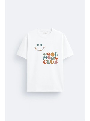 Shain Cool Mom Club Havalı Anneler Baskılı Pamuklu Kumaş Beyaz Tişört T-Shirt