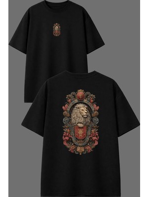 Vsrn Aslan Amblem Tasarım Ön Arka Baskılı Siyah Oversize T Shirt