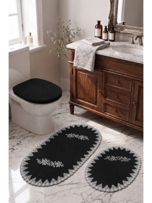 Bonny Home Siyah 3lü Fransız Dantelli Lüks Banyo Paspası Kaymaz Çeyizlik Oval Banyo Paspas Seti Lauris