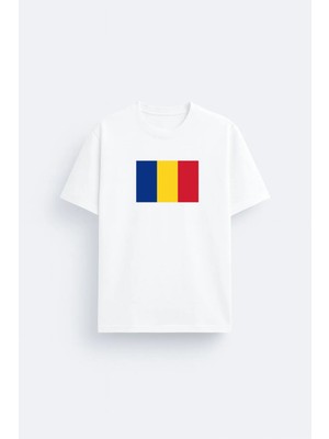 Shain Romanya Romania Bayrak Baskılı %100 Pamuklu Kumaş Beyaz Tişört T-Shirt