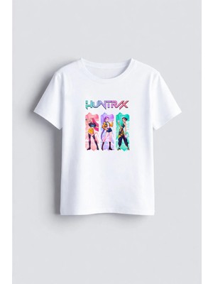 Shain K-Pop Demon Hunters Baskılı Bisiklet Yaka Beyaz Çocuk Tişört T-Shirt