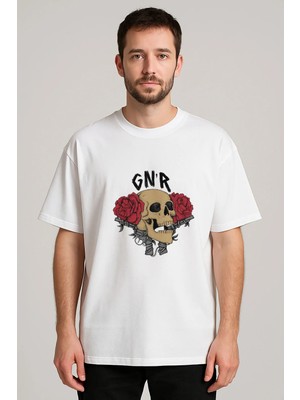 Shain Guns'n Roses Baskılı Bisiklet Yaka Beyaz Tişört T-Shirt