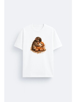 Shain Yanlız Maymun Punch Baskılı Beyaz Tişört T-Shirt