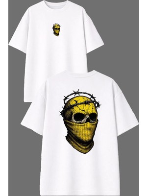 Vsrn Maskeli Iskelet Tasarım Ön Arka Baskılı Beyaz Oversize T Shirt