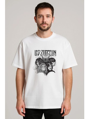 Shain LED Zeppelin Baskılı Bisiklet Yaka Beyaz Tişört T-Shirt