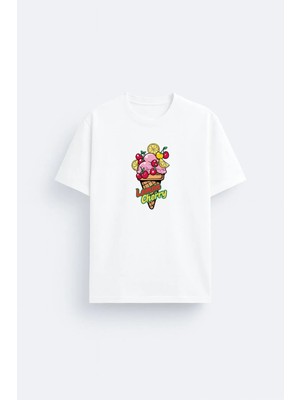 Shain Lemon Cherry Ice Cream Baskılı Bisiklet Yaka Beyaz Tişört T-Shirt
