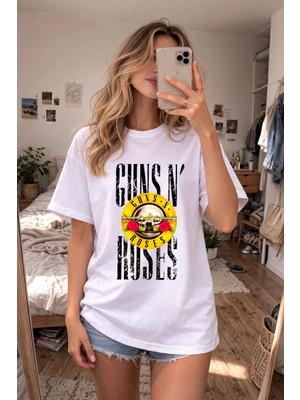 Shain Guns'n Roses Baskılı Bisiklet Yaka Beyaz Tişört T-Shirt