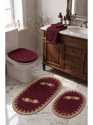 Bonny Home Mürdüm 3lü Fransız Dantelli Lüks Banyo Paspası Kaymaz Çeyizlik Oval Banyo Paspas Seti Lauris