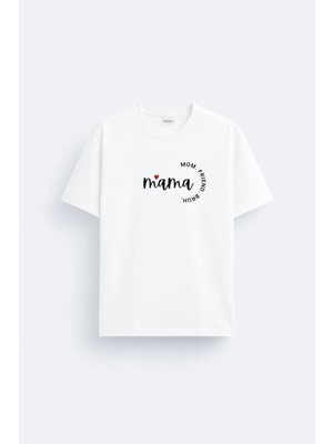 Shain Best Mama Anne Baskılı Pamuklu Kumaş Beyaz Tişört T-Shirt