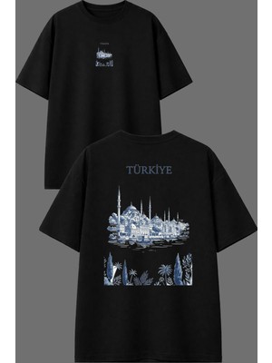 Vsrn Türkiye Tasarım Ön Arka Baskılı Siyah Oversize T Shirt
