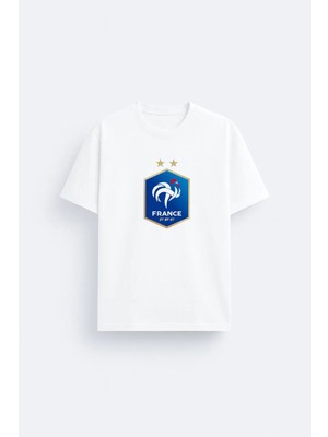 Shain Fransa Futbol Takımı Baskılı Pamuklu Kumaş Beyaz Tişört T-Shirt