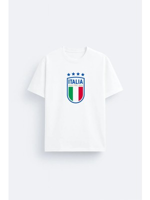 Shain Italya Milli Futbol Takım Logosu Baskılı Pamuklu Kumaş Beyaz Tişört T-Shirt
