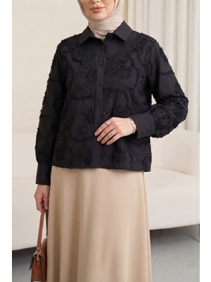Moda Morfo Çiçek Nakışlı Fistolu Düğmeli Mira Gömlek -Siyah