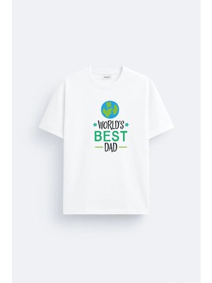 Shain World Best Dad Babalar Günü Baskılı Pamuklu Kumaş Beyaz Tişört T-Shirt