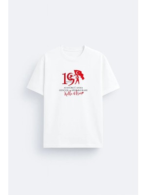 Shain 19 Mayıs Atatürk'ü Anma Gençlik ve Spor Bayramı Baskılı Beyaz Unisex Tişört