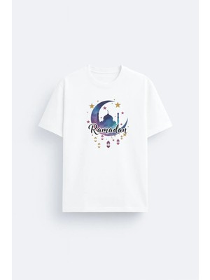 Shain Ramazan Bayramı Ramadan Mubarak Baskılı Bisiklet Yaka Beyaz Tişört T-Shirt