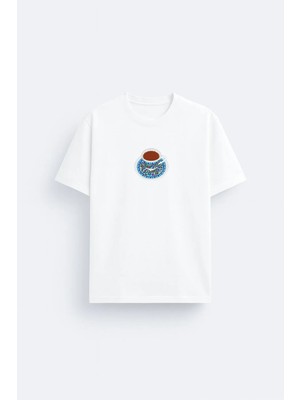 Shain Türk Kahvesi Baskılı Bisiklet Yaka Unisex Beyaz Tişört T-Shirt