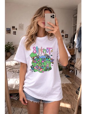Shain Slipknot Baskılı Bisiklet Yaka Beyaz Tişört T-Shirt