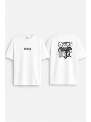 Shain LED Zepplin Baskılı Bisiklet Yaka Beyaz Unisex Tişört T-Shirt
