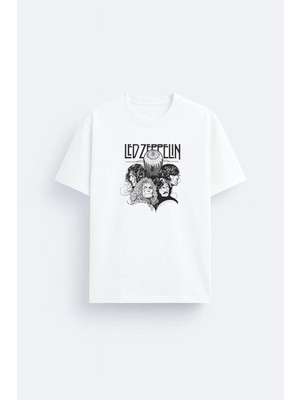 Shain LED Zepplin Baskılı Bisiklet Yaka Beyaz Unisex Tişört T-Shirt