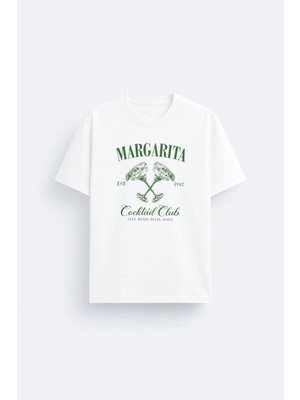 Shain Margarita Kokteyl Baskılı Pamuklu Kumaş Beyaz Tişört T-Shirt