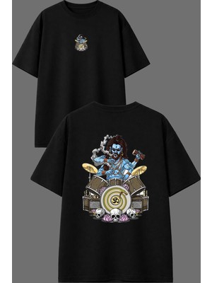 Vsrn Baterist Tasarım Ön Arka Baskılı Siyah Oversize T Shirt