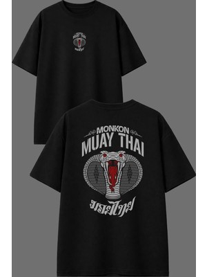 Vsrn Snake Muay Thai Tasarım Ön Arka Baskılı Siyah Oversize T Shirt