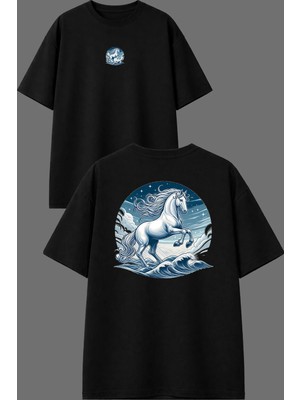 Vsrn Beyaz Melek At Tasarım Ön Arka Baskılı Siyah Oversize T Shirt
