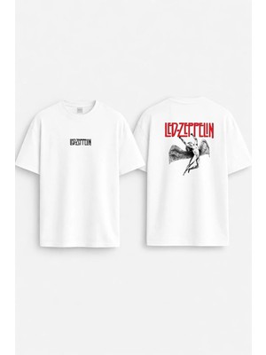 Shain LED Zepplin Baskılı Bisiklet Yaka Beyaz Unisex Tişört T-Shirt