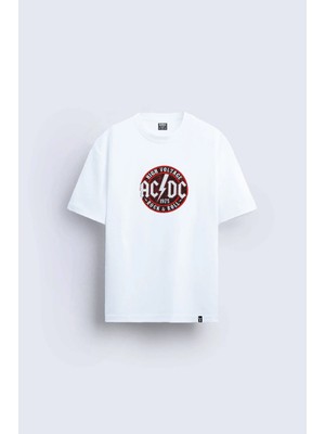 Shain Ac Dc Baskılı Bisiklet Yaka Beyaz Tişört T-Shirt