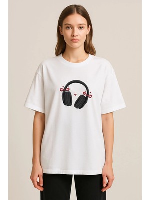 Shain Pinterest Kulaklık Baskılı Bisiklet Yaka Beyaz Tişört T-Shirt