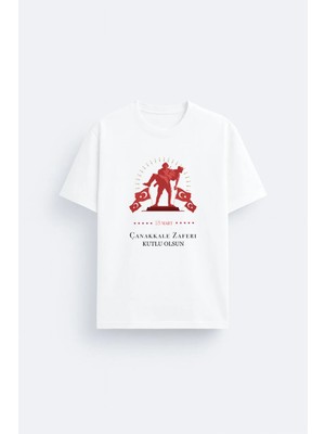 Shain 18 Mart Çanakkale Zafer Bayramı Baskılı Beyaz Bisiklet Yaka Tişört T-Shirt