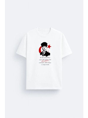 Shain 19 Mayıs Gençik Bayramı Atatürk Imza Baskılı Bisiklet Yaka Beyaz Tişört T-Shirt